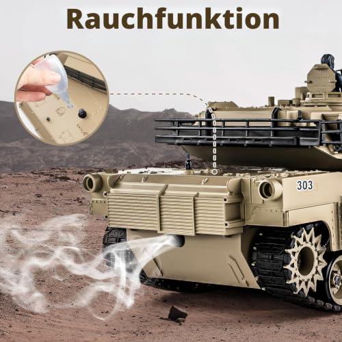 Supdex RC Panzer 1/18 USA M1A2 Abrams Armeegrün, 2.4GHz Panzer Ferngesteuert mit Schussfunktion, WW2 Panzer Modell, Kampfpanzer mit Rauch, Spielzeug mit Licht und Sound für Erwachsene und Kinder