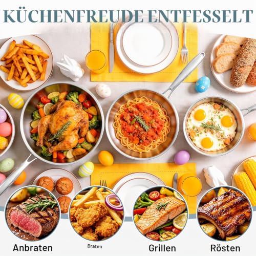 Foto von Colourcoco 6-teiliges Dreischicht-Edelstahlpfannen Set - 27/31 cm Pfanne Induktion, Gleichmäßige Hitzeverteilung, Spülmaschinenfest, Backofengeeignet, Abnehmbarer Griff, Edelstahl