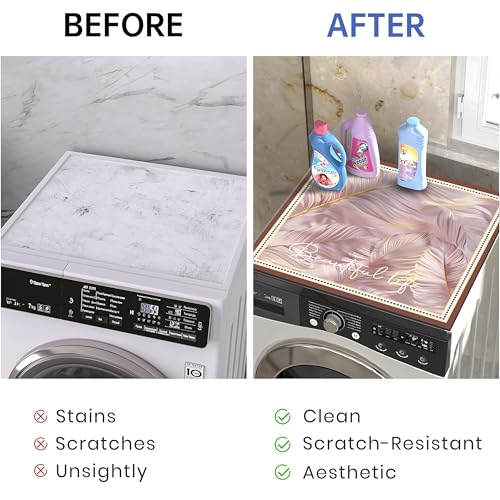 Image of Yellow Weaves Washer & Dryer Cover for Top, 60 x 60 cm, Washing Machine Top Protector Mat for Kitchen /Laundary Room, Water Absorbing, Dustproof, Scratch Resistant & Non-Slip (Feather Pink)