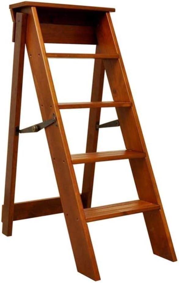 Folding Wood Stool Ladder Chair with Non Slip Tread 5 Step Portable Stairway for Indoor Climbing Space Saving Storage and Flower Rack Stand