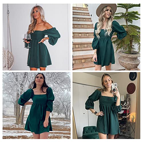 Exlura Womens Square Neck Dress Long Puff Sleeve A-Line Casual Short Mini Dress Dark Green #TOP7