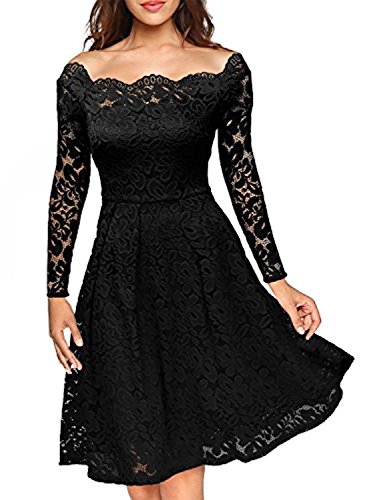 Yigoo Festliche Elegant Kleider Damen Festlich Hochzeit Spitzenkleider Vintage Abendkleid Schulterfrei Cocktailkleid A-Linie Knielang Langarm Schwarz...