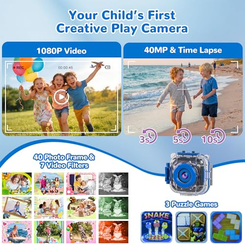 Image of PROGRACE Pool Toy & Kids Underwater Camera - IP68 Waterproof Action Camera for Boys Ages 3-12, 1080P Video, 32GB Card, Mount for Bike & More, Birthday Gift for Diving, Swimming, Riding, Snorkeling