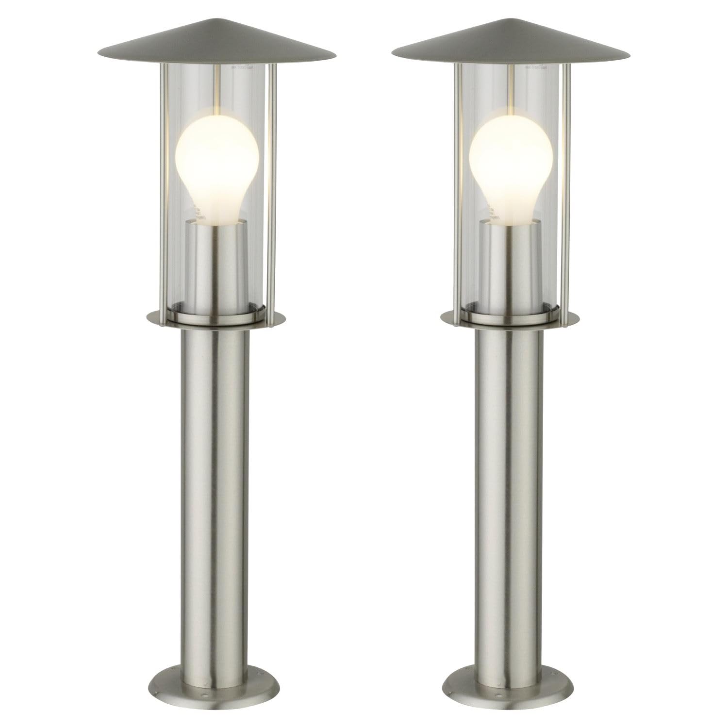Firstchoicelighting Stainless Steel & Clear Set Of 2 Outdoor 50Cm Post Lights Garden Bollard Lamp Lights Modern Brushed Stainless Steel 50Cm Height Ip44 Outdoor Garden Driveway Post Light