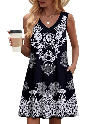 Image of Zeagoo Summer Dresses for Women 2026 Sleeveless Dress V Neck Tank Dress Pleated Floral Tshirt Sundresses with Pockets