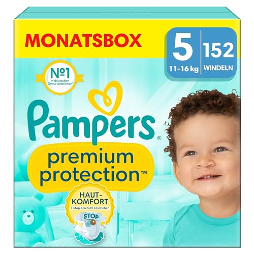 Pampers Baby Windeln Größe 5 (11-16kg) Premium Protection, Junior, MONATSBOX, bester Komfort und Schutz für empfindliche Haut, 152 Stück