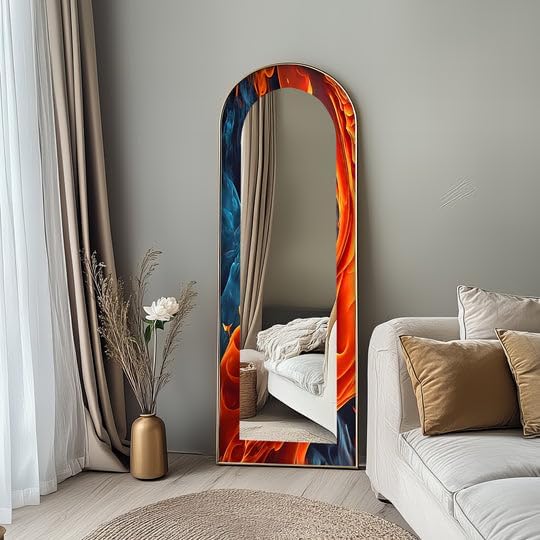 23,5’’W x 67’’H Fire & Ice Dual Flow – Abstract Floor Mirror Arched Full Lenght Mirror - Arch Full Body Stained Floor Mirror with Black Frame with Black Frame