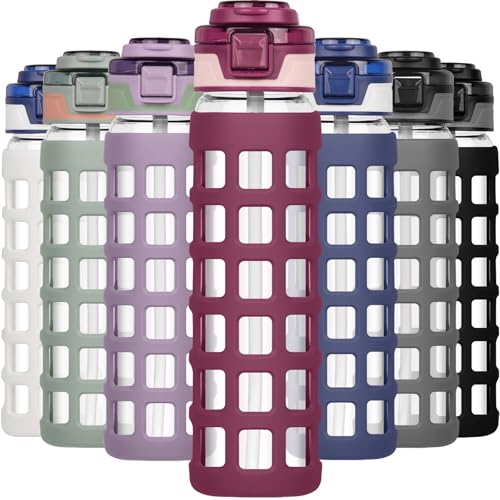 Ferexer Glass Water Bottle 1 litre / 660ml with Handle Straw Flip lids, leakproof, BPA free Water Bottle,Sustainable Borosilicate Glass, with Silicone Sleeve Sports Glass Drinking Bottle Red