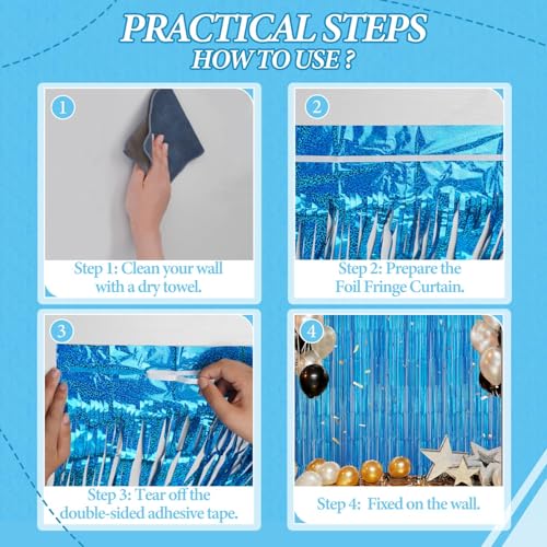 Image of DECOCKRAT 3 Pack Foil Fringe Backdrop - Laser Blue Shiny Tinsel Curtains for Party Decoration /Photo Booth Props - 3.3x8.2 FT Metallic Foil Backdrop for Birthday, Wedding, Graduation, Christmas.