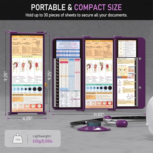 Image of Nursing Clipboard Foldable w /Nursing Edition Cheat Charts, 3 Layers Aluminum, Nurse Board w /Low Profile Clip&Pen Clip Pocket Blank for Nurses, Doctors, Dark Purple