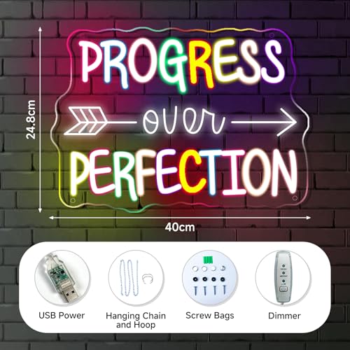 Image of Progress Over Perfection Neon Sign, LED Neon Light Signs for Wall Decor Dimmable Inspirational LED Light Up Sign for Classroom Office Bedroom Library Study Room Kids Room Decorations