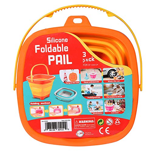 Playkidz Collapsible Buckets, Set of 3 Compact 2-Liter Silicone Folding Pails with Handle Great for Camping, Backpacking, Cleaning, Car Wash, Fishing, Party Drinks, Kids Beach Play & More Ages 3+