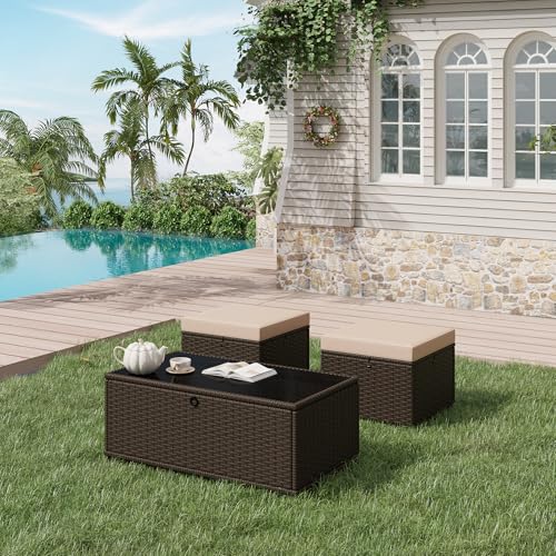 Image of HOMREST 3 Piece Patio Rattan Ottomans Set,Outdoor PE Wicker Footstool w /Removable Cushion, Storage Coffee Table & Multipurpose Footrest Stool for Porch, Poolside, Garden, Deck(Khaki)