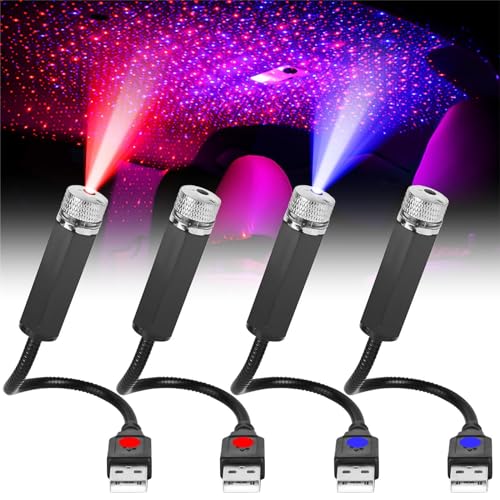 Asfrode Starlight Projetor de céu estrelado para carro, 4 unidades, atmosfera interior, luz LED USB plug and play, vários modos, para teto