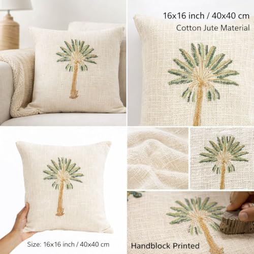 Image of Premium Palm Tree Cotton Jute Square 16x16 Inch Cushion Cover 40x40 cm Throw Pillow Cover for Living Room Couch Diwan Sofa, Beige (Set of 1)