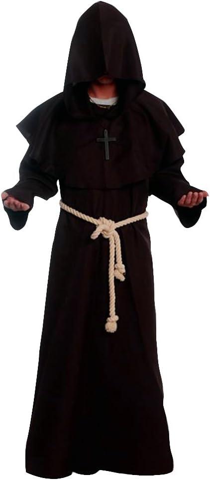 Medieval Priest Monk Robe Hooded Cloak Wizard Sorcerer Cape (Large,Coffee Robe)