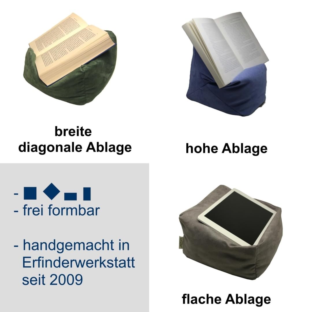 soft Buchkissen Lesekissen – frei formbarer Buchhalter für Bett - Handgefertigt aus Antirutsch Wildlederimitat & Mikroperlen – weich waschbar drehbar – anthrazit schwarz