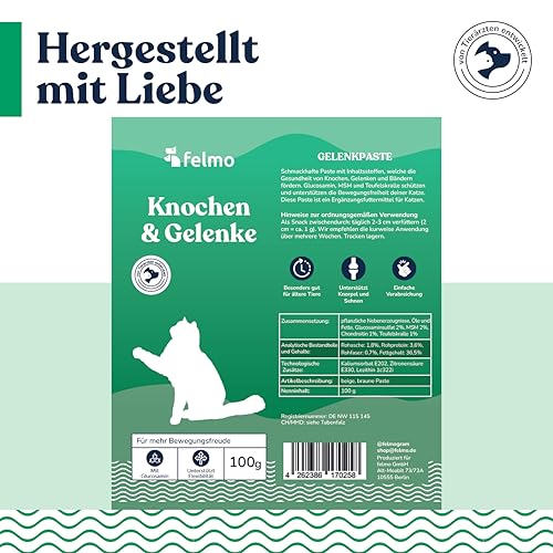 felmo Knochen- & Gelenkpaste für Katzen mit Glucosamin, Chondroitin, MSM und Teufelskralle – Malzpaste in der 100 g Tube, zuckerfrei und in Deutschland aus sorgfältig ausgewählten Zutaten hergestellt