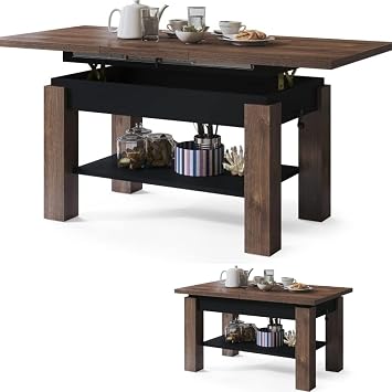 All4All Astra Coffee Table Living Room Table Sofa Table with Shelf Height Adjustable Compact Size Sofa Table 110 x 68 cm 05 Brown Oak + Black