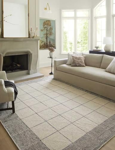 Image of Spectrum Pattern Wool Carpet with Loop Texture Yarn Anti Shedding Carpet Size 8x11 Feet A1 Beige & Charcoal Color