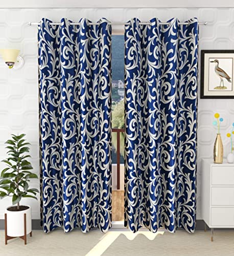 Image of WOAH Polyester Floral Door Curtain Door Window Curtain Premium Polyester Weaved Parda Modern Parde for Living Room Bedroom Home Office Screens Eyelet Ring (7 Feet -Blue3)