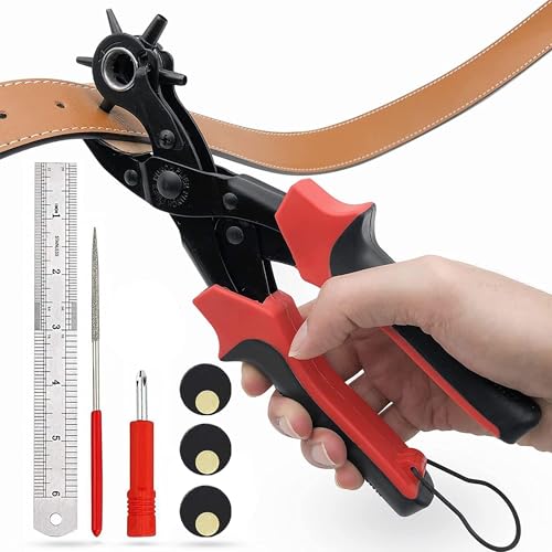 Season 14th Revolving Punch Plier Kit Belt Hole Puncher Leather Hole Punch Set Heavy Duty Punch Plier with 6 Holes Multi Sized Hole Puncher for Belts Watch Bands Straps Dog Collars