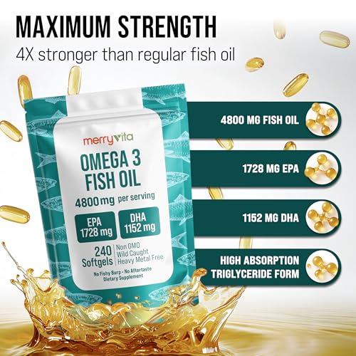 Image of Omega 3 Fish Oil 4800 mg - EPA 1728 mg | DHA 1152 mg from Wild-Caught Anchovies - Burpless Mini Softgels - Pure Omega-3 Fatty Acid Supplement - Non-GMO, Gluten-Free, No Aftertaste - 240 Capsules