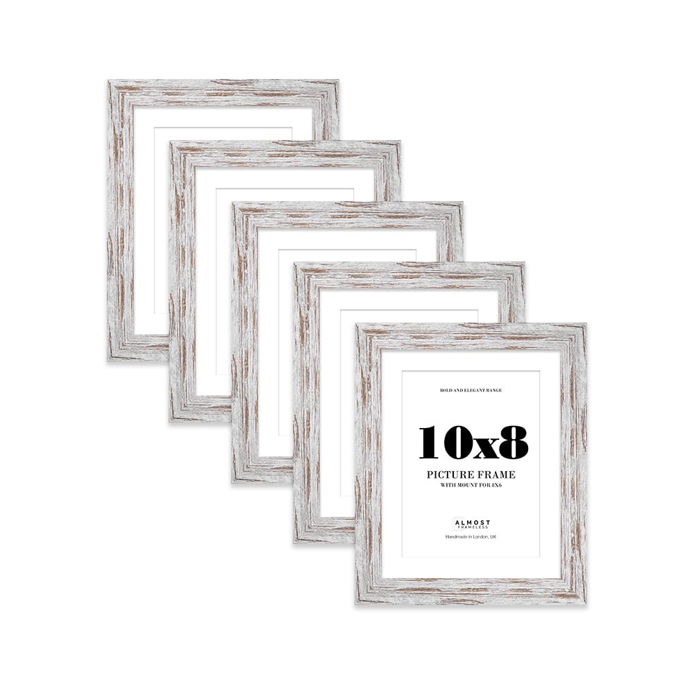 10x8 Distressed Wood Frame With Mount for 8x6 Pictures 28mm Edge Portrait and Landscape Display with Wall Hooks and Kickstand, 5 Pack
