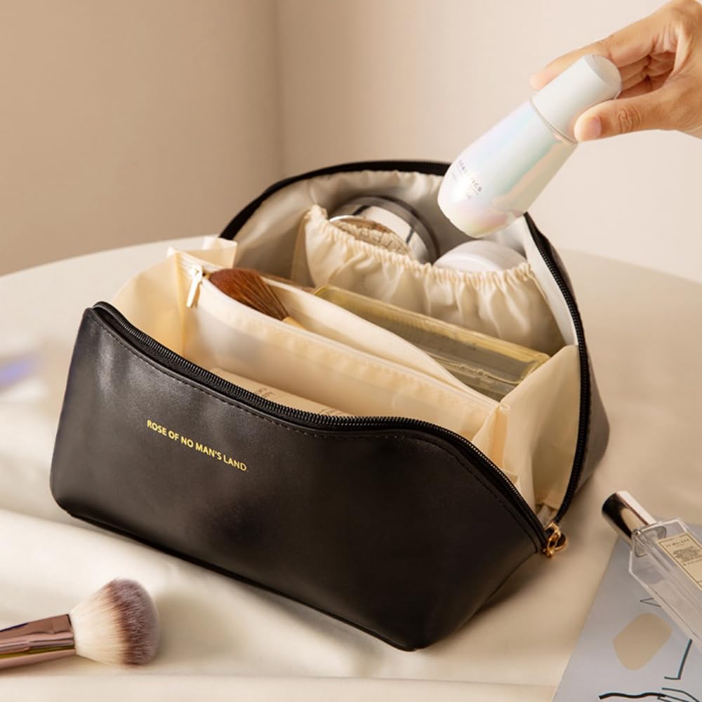 Large Travel Cosmetic Bag Cosmetic Organizer High Capacity Makeup Bag Storage Pouch PU Leather Makeup Box for Women Girls (Black) - Image 4