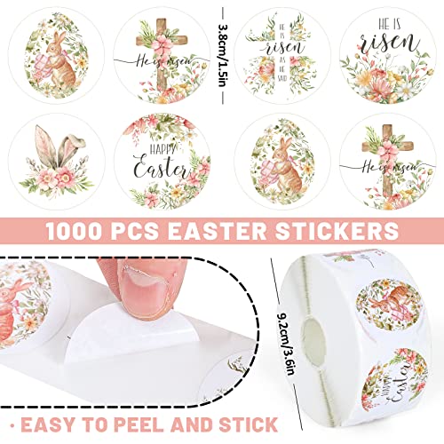 Whaline 1000Pcs Easter Stickers Floral Religious Stickers Watercolor Bunny Egg Christian Round Stickers He Is Risen Print Label Self-Adhesive Stickers For Easter Holiday Party, 1.5Inch, 6 Design #TOP1