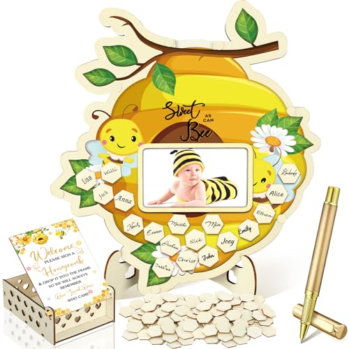 Image of Wenqik 63 Pcs Bee Baby Shower Guest Book Alternatives Set Baby Shower Decorations with Photo Frame Sonogram Frame Keepsake 60 Wood Slices Guest Book for Birthday