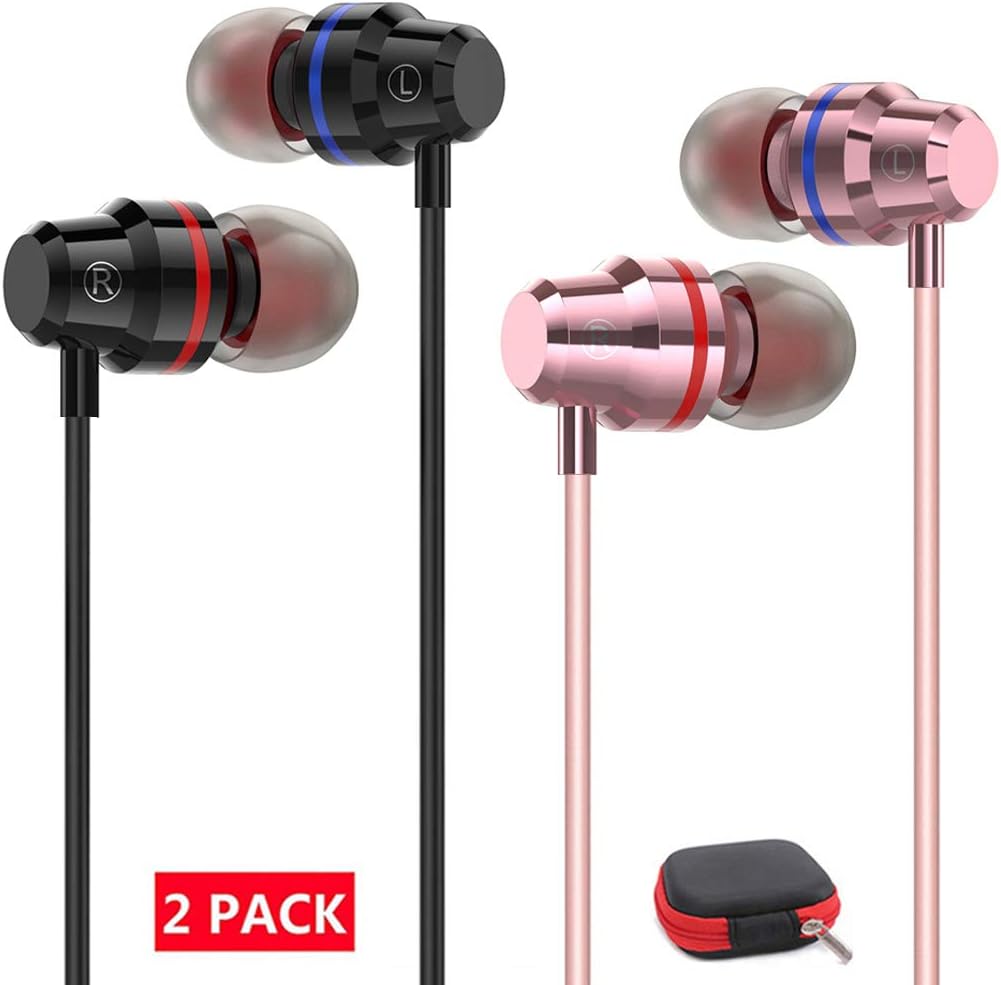 Earbuds with Microphone 2 Pack Ear Buds Headphones Earphones Mic and Volume Control in Ear Noise Isolating Bass with Storage Case (blackrose)