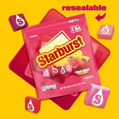 Image of STARBURST FaveREDS Chewy Fruit Chews, Bulk, Wrapped, Party Size, 50 oz | Soft juicy red fruit chews individually wrapped, a bulk fit for party favors, sharing, road trips, lunch box, sour candy