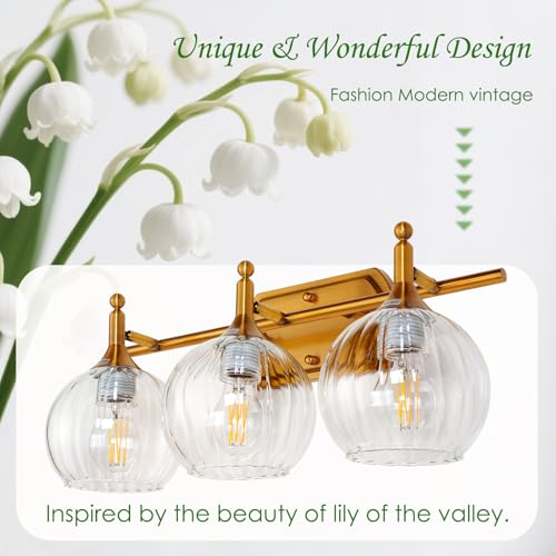 TYhogar Floral Bathroom Light Fixtures 20" Waterproof Vanity Lights，3-Light Bathroom Vanity Light 3 Color Dimmable Brass-Colored Vanity Lights for Bathroom, LED Wall Sconce for Living Room,Stairs — view 3