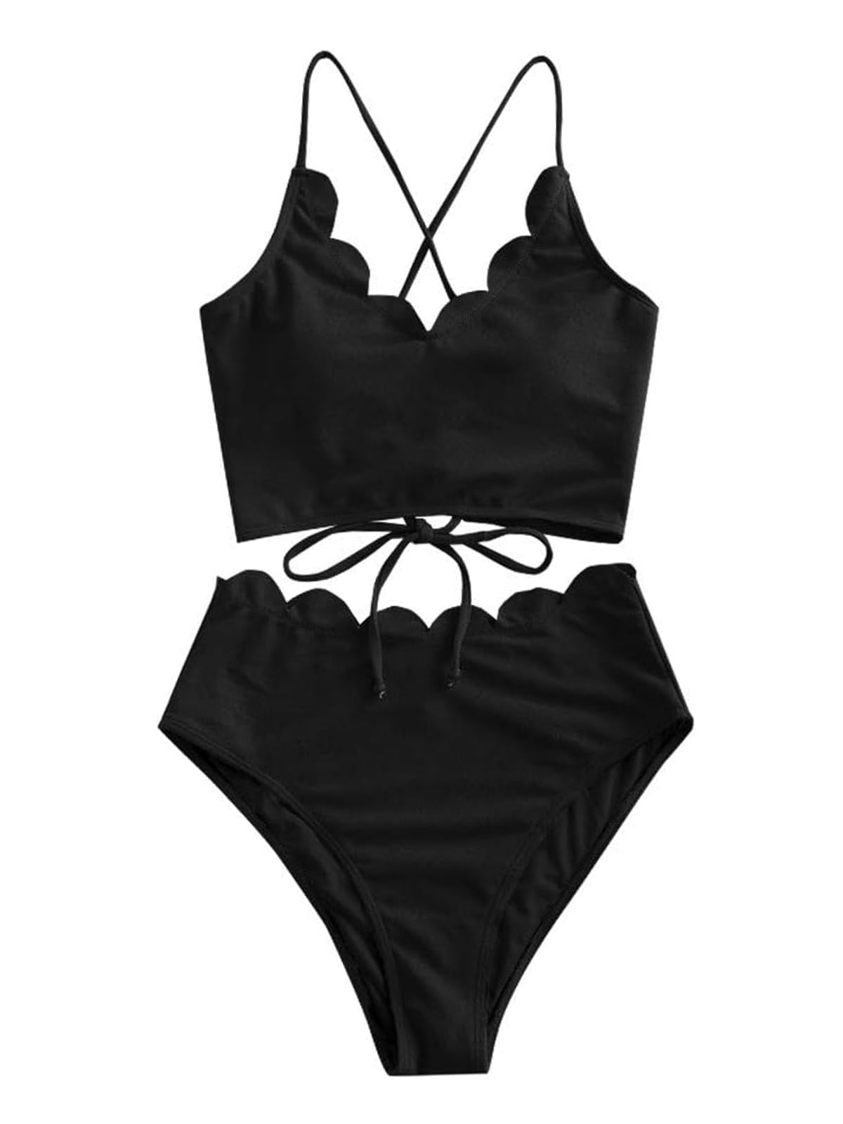ZAFUL Women's Cute Scalloped Trim High Waisted Bottom Bikini Set Two Piece Bathing Suit Textured Swimsuit,M
