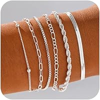 Relveo 6PCS 14K Gold Plated Stackable Bracelets for Women - Snake, Figaro, Paperclip Chain Set, Adjustable Trendy Silver Jewelry