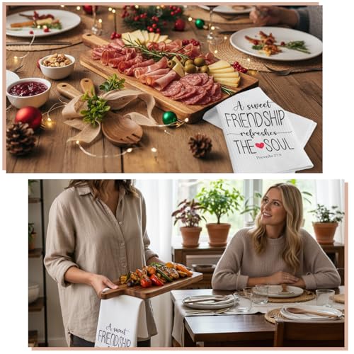 Juego de 7 piezas para amigas: tabla de cortar de madera de acacia, cuchara y tenedor de ensalada, paño de cocina impreso, bolsa de PVC transparente, ramitas artificiales y cinta de cáñamo — regalo ideal para cumpleaños, Navidad o sorpresa miniatura 6