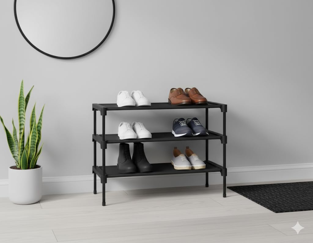 Shoe Rack Organizer 3-Tier – Stackable Black Metal Shoe Shelf for Closet, Entryway & Garage, Durable 3 Layer Shoe Storage Stand with Cleaning Brush & Shoe Horn Included