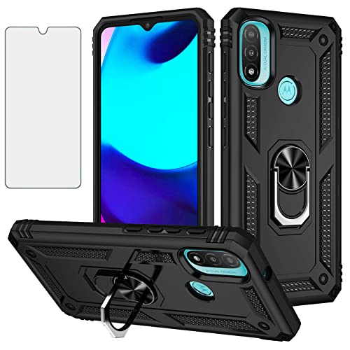 Asuwish Compatible with Moto E20/E30/E40 Case with Tempered Glass Screen Protector and Stand Ring Holder Kickstand Magnetic Cell Accessories Heavy Duty Phone Cover for XT2155 2021 Women Men Black