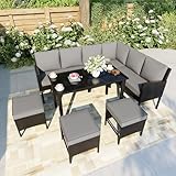 PCSXDSW 7 Pieces Wicker Conversation Patio Furniture Outdoor Dining Set with Black Glass Table