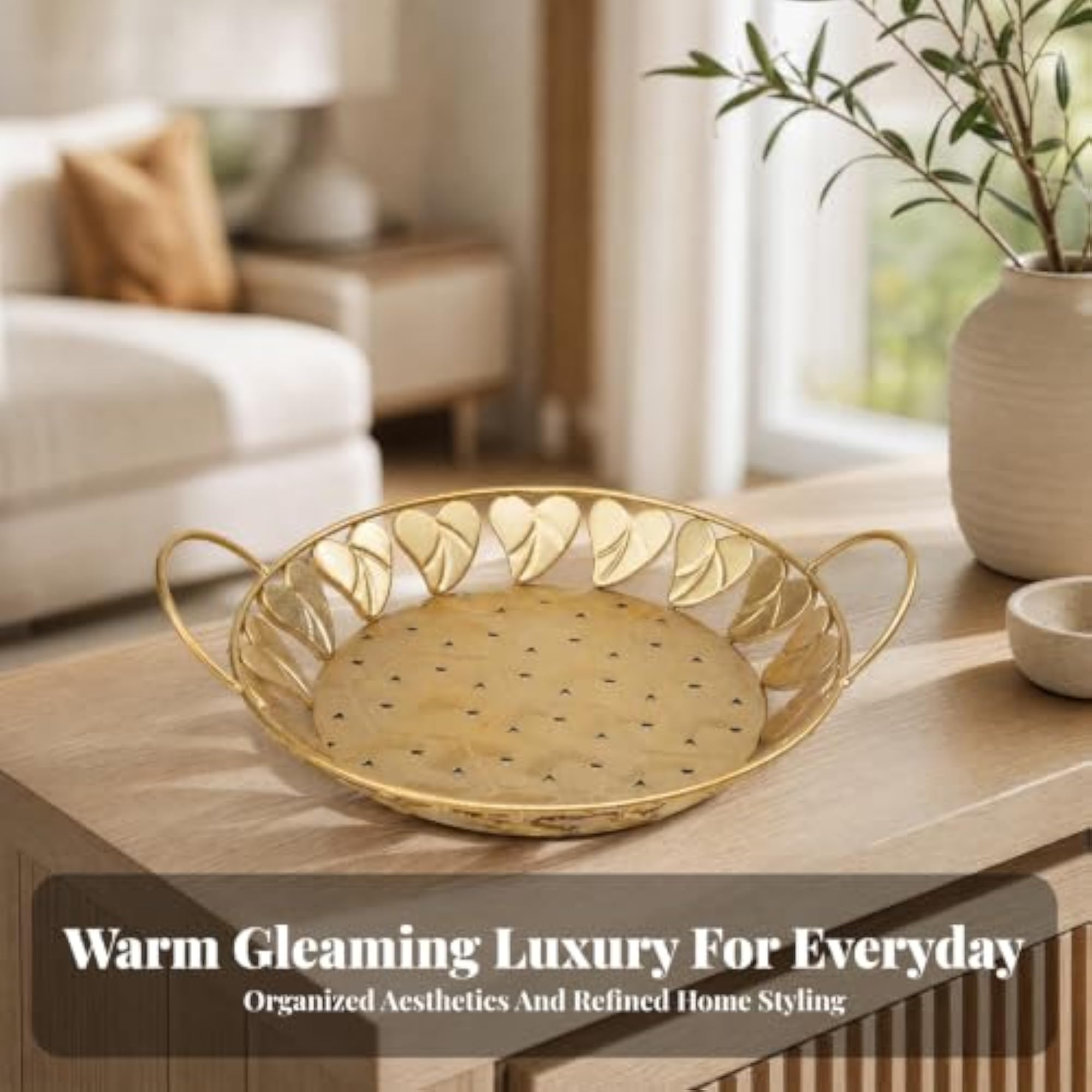 Glam Round Gold Tray with Handles, Decorative Openwork Design