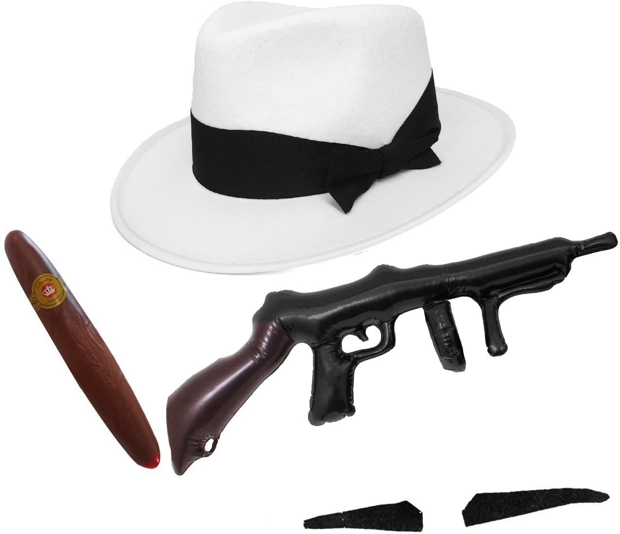 I LOVE FANCY DRESS LTD 4 PIECE 1920's GANGSTER SET - WHITE TRILBY HAT WITH BLACK BAND, CIGAR, INFLATABLE TOMMY GUN AND STICK ON SPIV MOUSTACHE