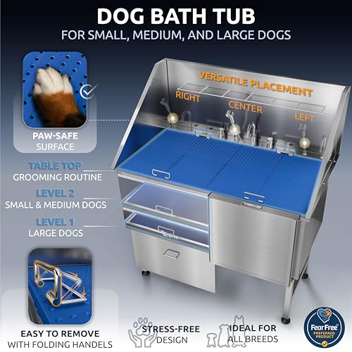 Image of KANIS Professional Dog Washing Station 304 Stainless Steel Pet Wash Sink & Grooming Bathtub w /Shower, Floor Grates and Storage for Large, Medium & Small Pets (Silver, 50 Inches, Right Ramp, 1 Drawer)