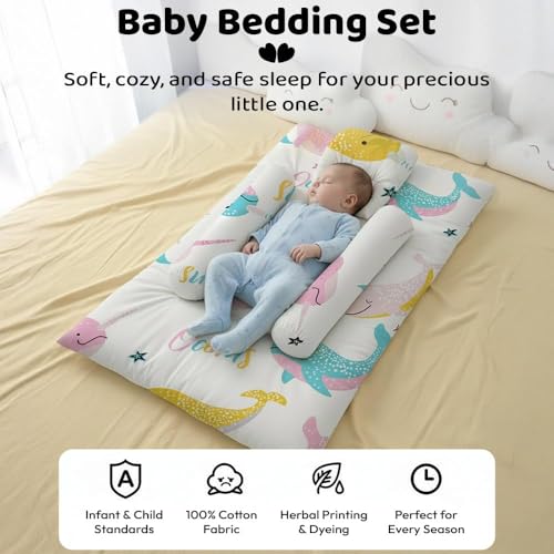 Image of StarAndDaisy Newborn Baby Bedding Nest 100% Cotton Cushioned Mattress Sheet with 2 Side Bolster Pillows & 1 Head Pillow Breathable & Soft for Boys & Girls Ocean Print