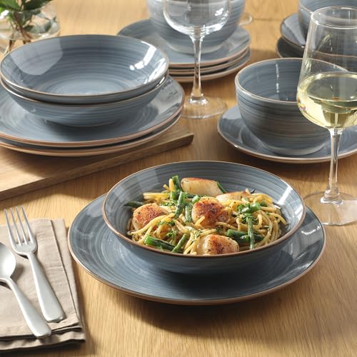 Image of Gibson Home Stonebury 16 Piece Plates and Bowls Blue Dishes - Handpainted Stoneware Dinnerware Set - Service for 4