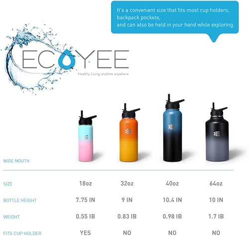 Miniatura 4 de ECOYEE Botella de agua de acero inoxidable, boca ancha, sin BPA, a prueba de fugas, sin sudor, adecuada para deportes al aire libre y oficina