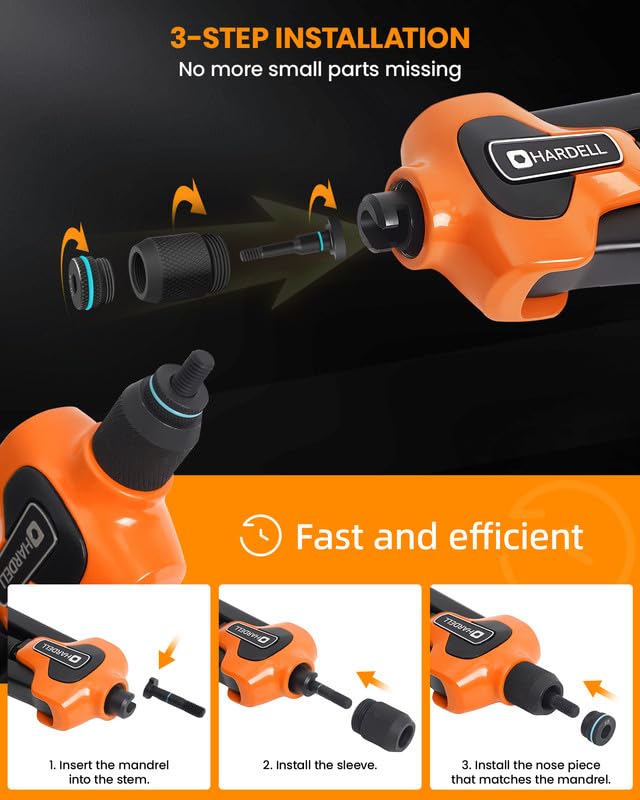 Three-step diagram showing how to install a mandrel into the rivet nut tool