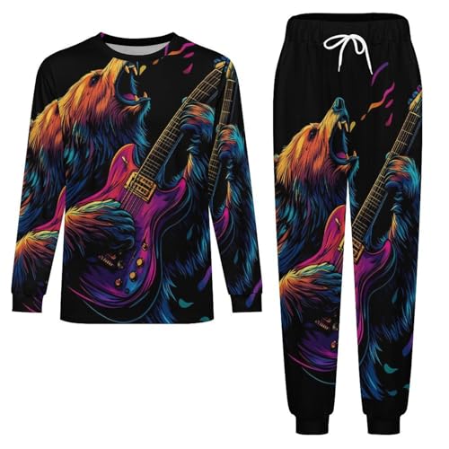 Wild Bear Playing Guitar Pajama Set Long Sleeve Lounge Sets Sleepwear 2 Pjs Nightwear for Men Women3
