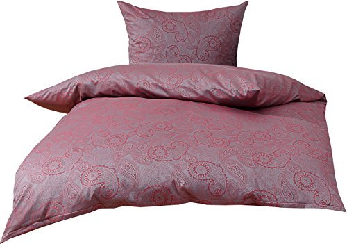 Bettwaesche-mit-Stil Mako Satin Damast Paisley Bettwäsche Garnitur Davos 135x200 + 80x80 rot - grau