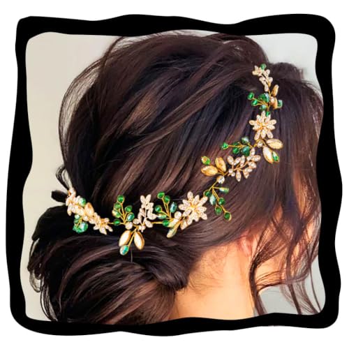 IYOU Cristal Nupcial Vid de Pelo Verde Diamante de Imitación Boda Venda Hoja Abalorios Fuente Paseo Fiesta Accesorios para el Cabello por Novias y Dama de Honor